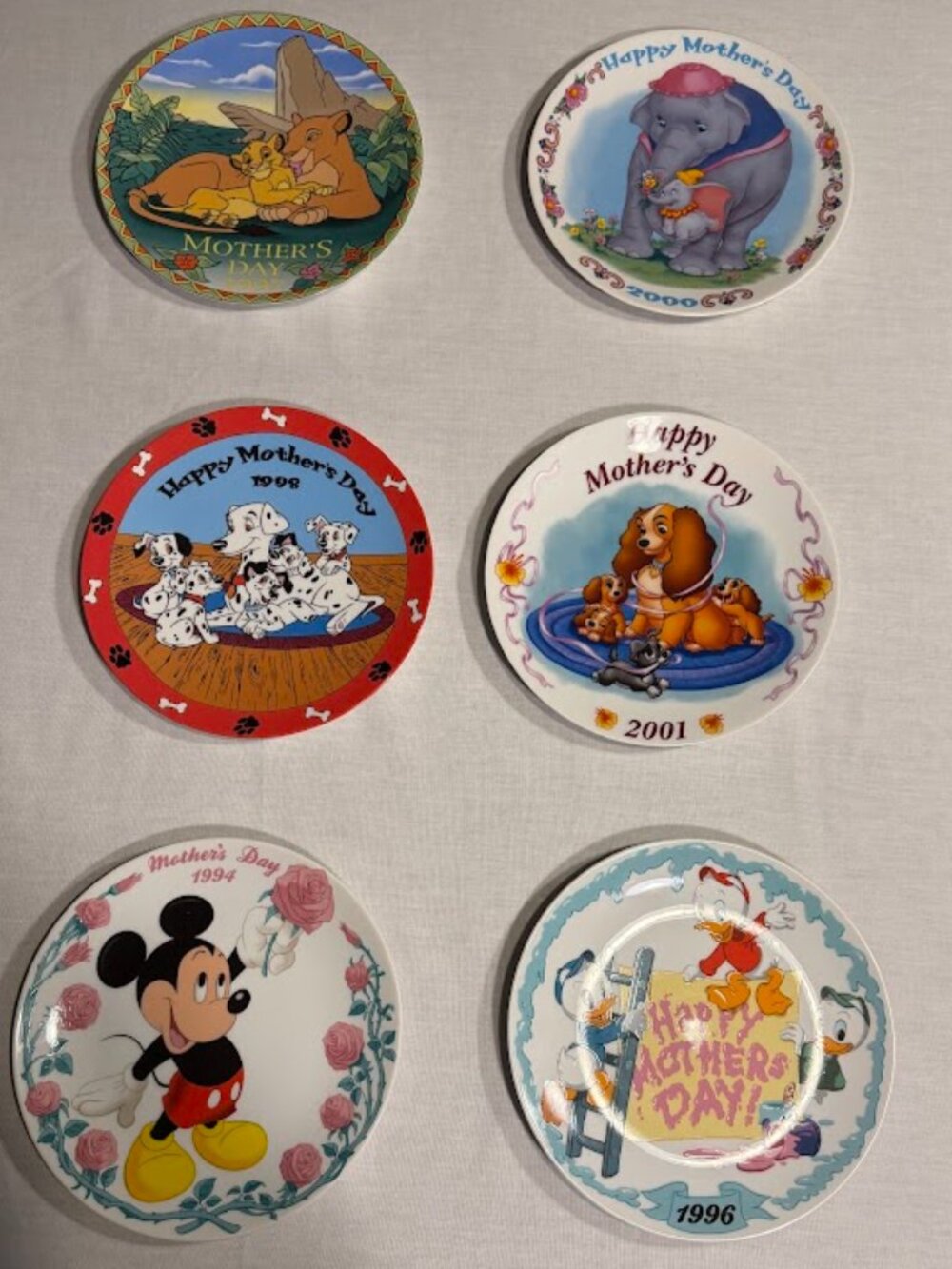 Complete Set of 6 Disney Grolier Mother’s Day Collector Plates 1994–2001 Excelle